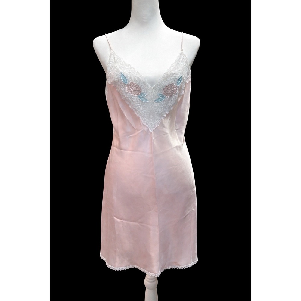 Vtg‎ Val Mode Lingerie Satin Ivory Floral Nightie Chemise Sexy Slip Dress USA M